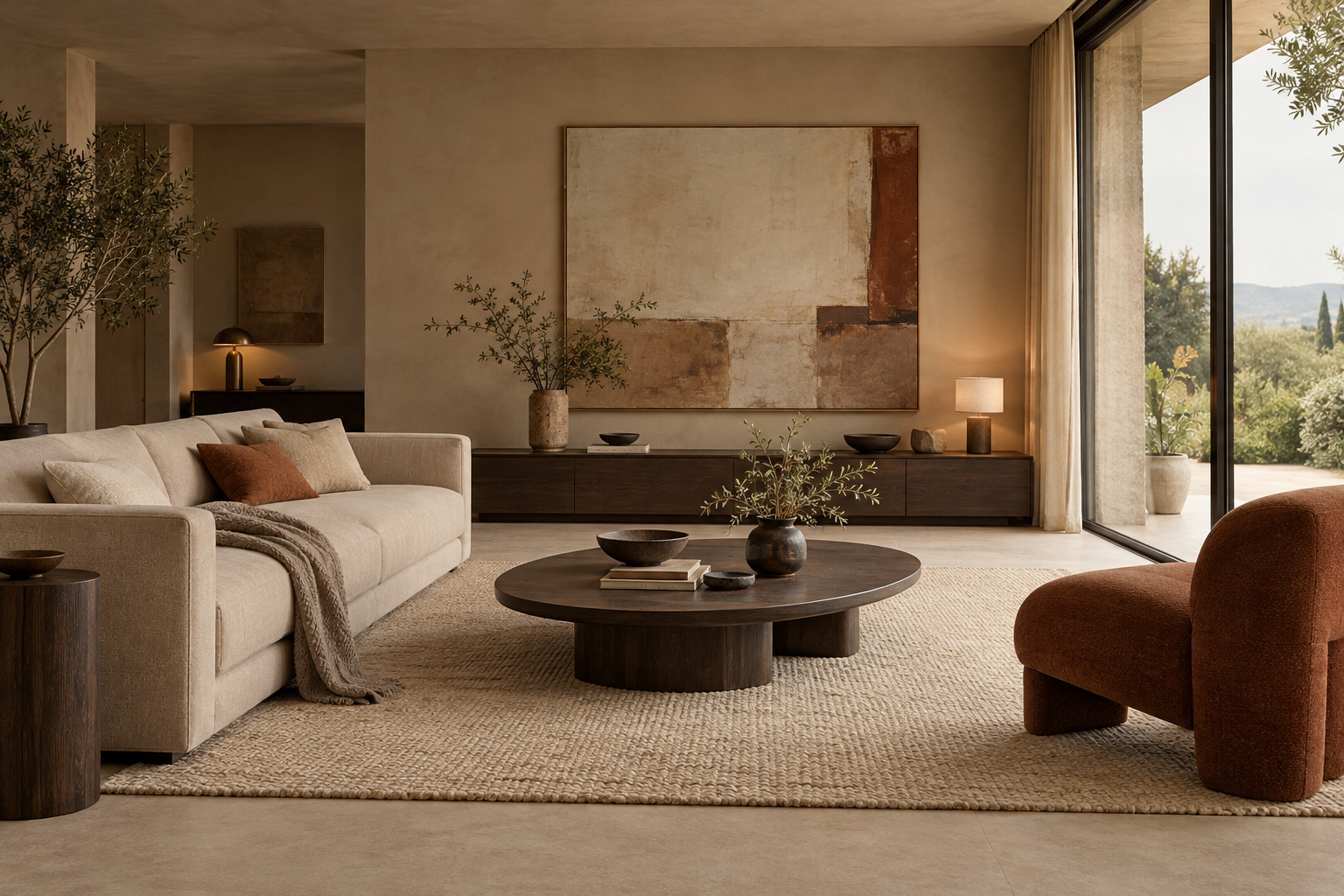 AI concept showing coordinated furniture, timber finishes and layered lighting